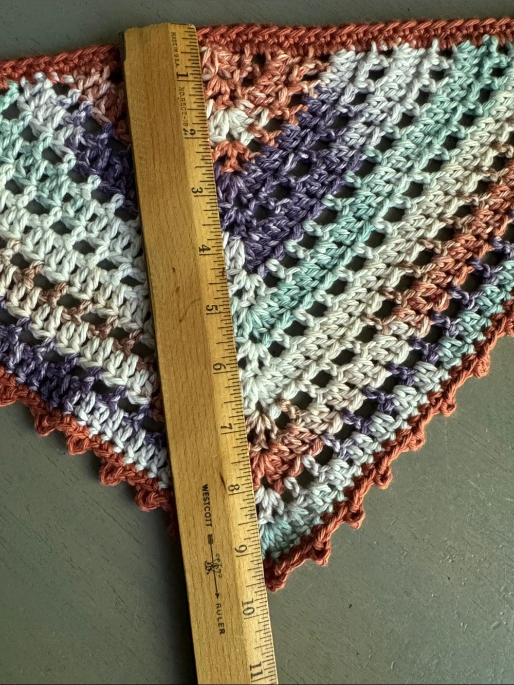 Crochet Bandana Scarf in Rust, Turquoise & Lavender - 100% Cotton